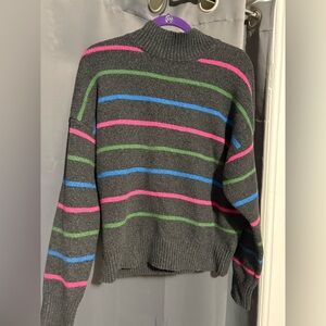 Chic Striped Turtleneck Sweater in Gray with Pink, Green, and Blue